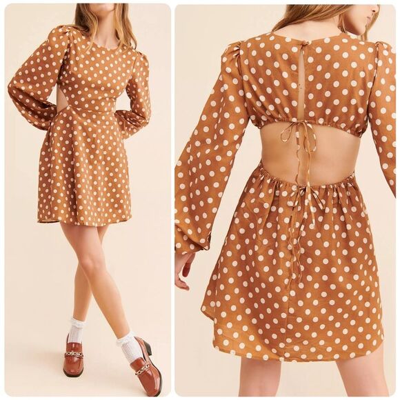 Anthropologie Charlie Holiday Halcyon Mini Dress | Brown w/Cream Polkadots - Picture 1 of 8